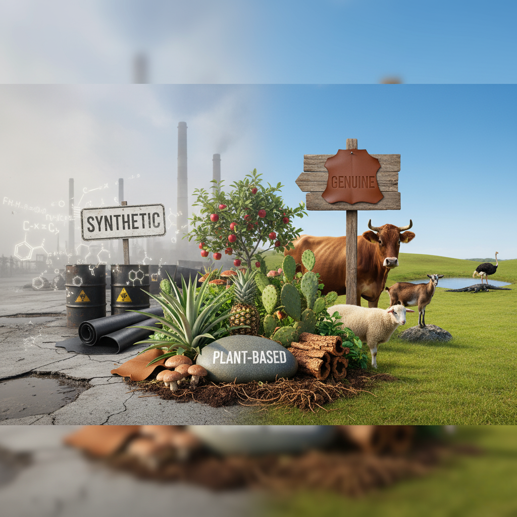 Comparison of vegan leather options and genuine leather showing plant-based, synthetic, and mycelium materials with environmental and durability impacts