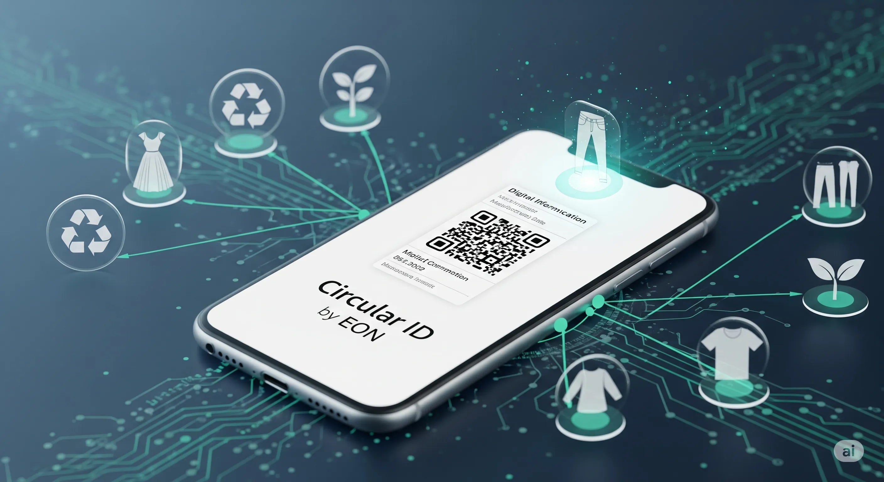 Smartphone screen displaying a Circular ID by EON, surrounded by icons representing recycling, plant-based materials, and fashion items—illustrating the future of digital transparency and circular fashion systems
