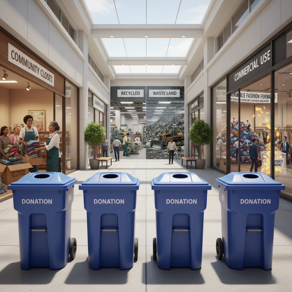 Clothing donation bins in a bright shopping mall with four themed stores: Community Closet, Recycled Threads, Waste Land, and Commercial Use.