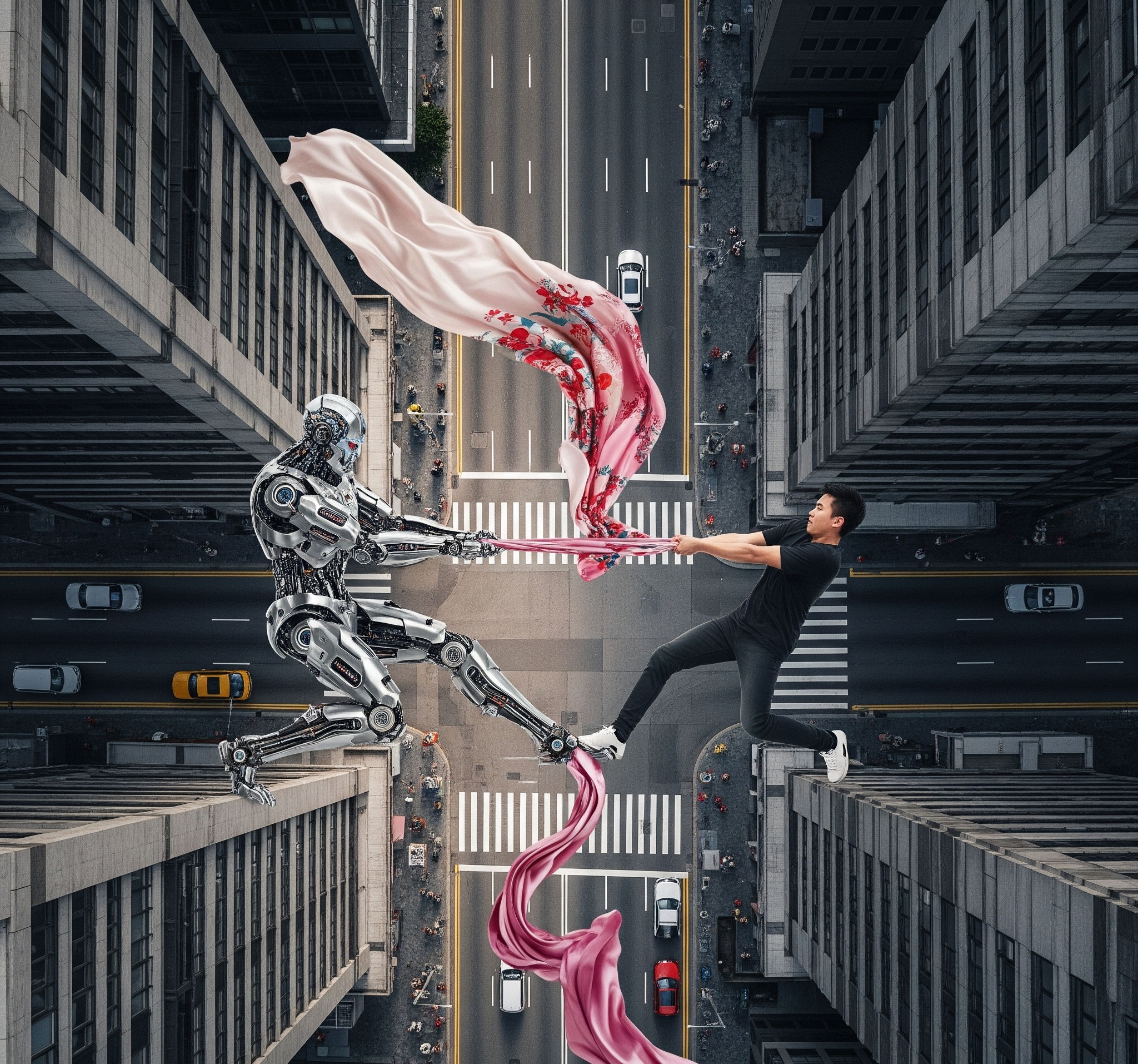 A human and a humanoid robot engaged in a tug-of-war with a flowing pink silk cloth, suspended high above a city street between skyscrapers. A striking metaphor for the tension and collaboration between human creativity and artificial intelligence.