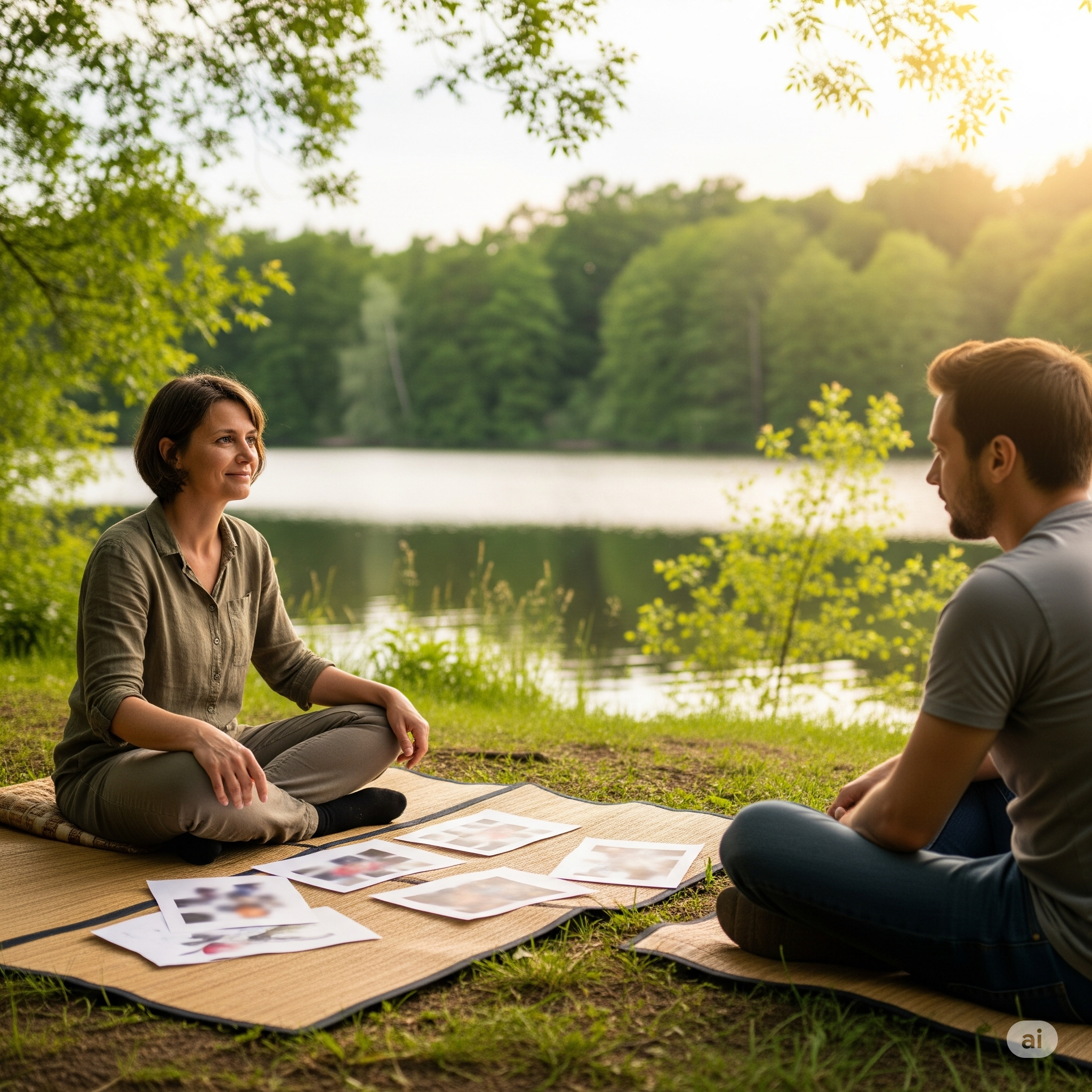 A woman and a man practicing guided imagery outdoors by a lake, sitting on mats with printed images spread out in front of them, surrounded by lush greenery and calm water.