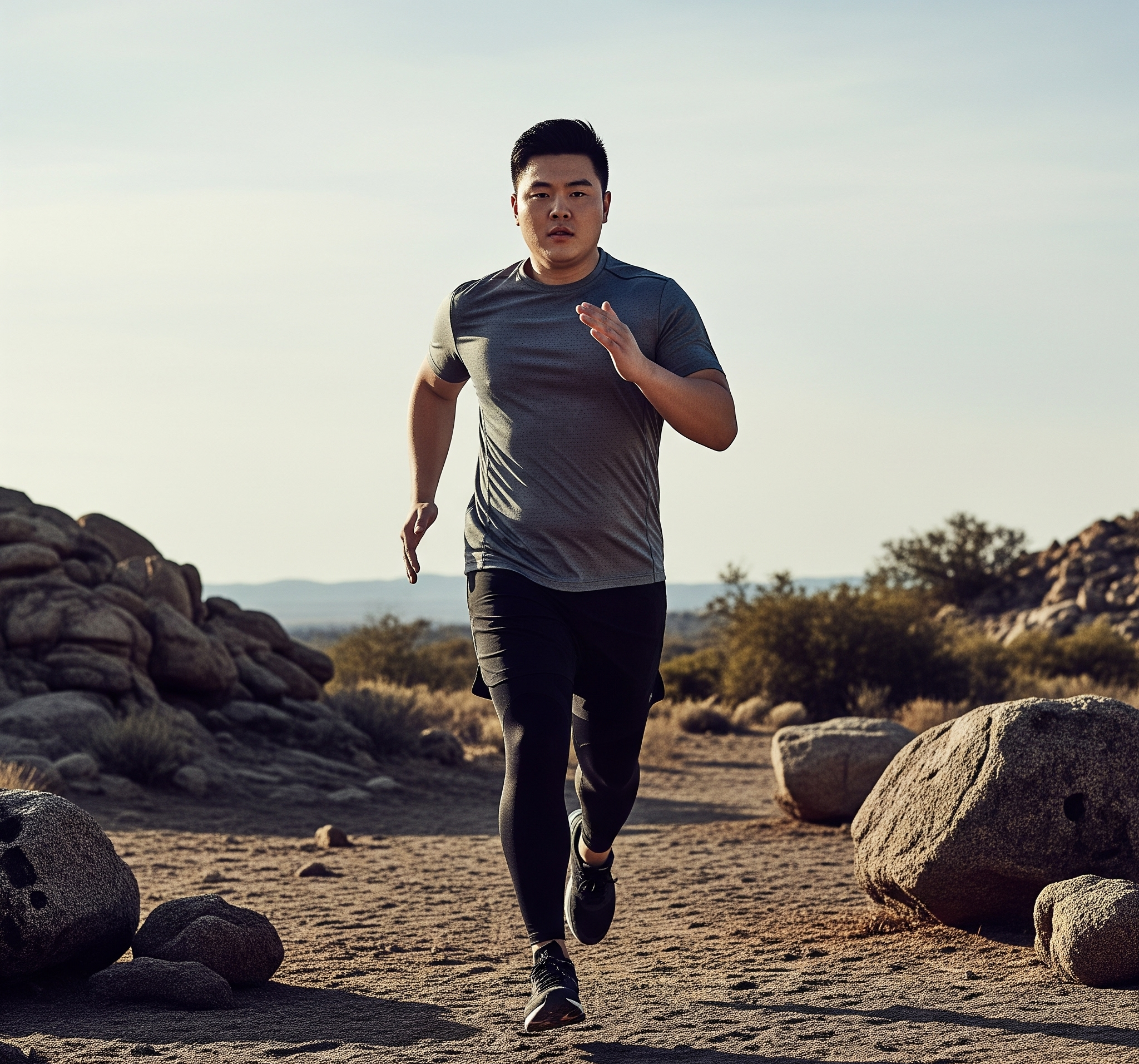 Man running on a desert path with large rocks and sparse vegetation.