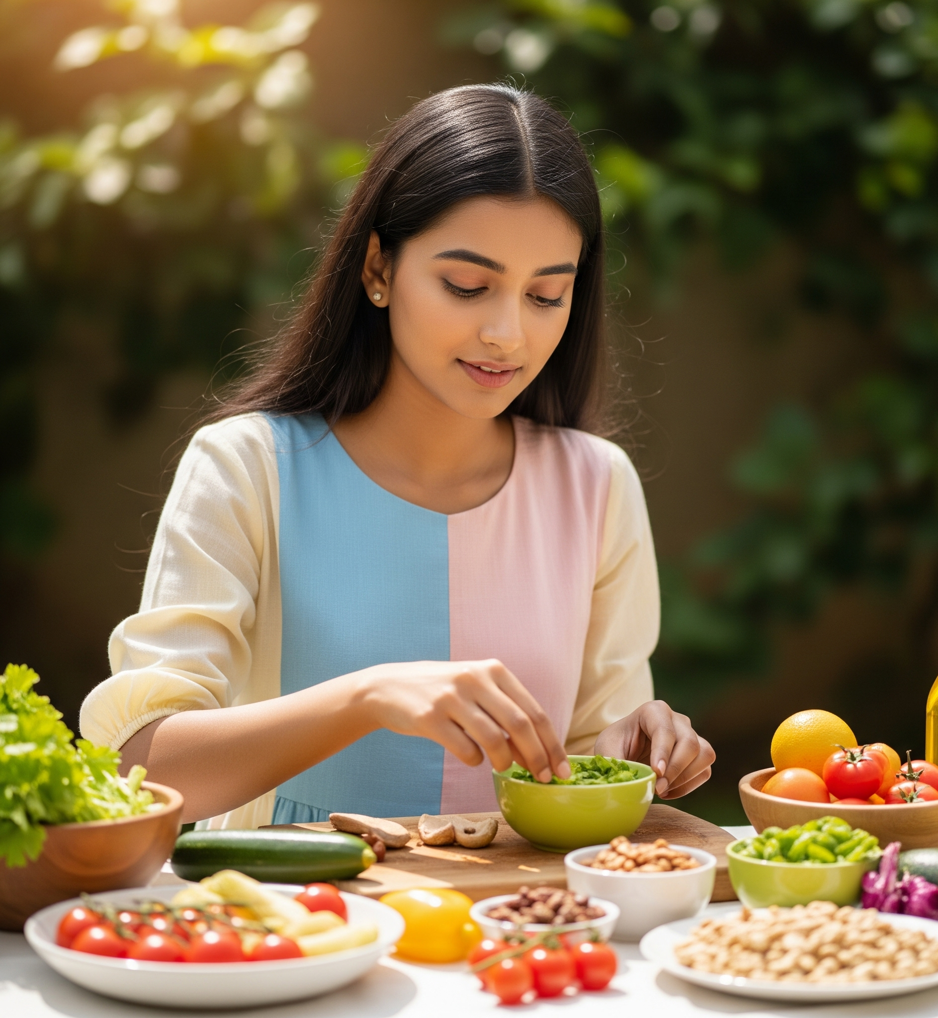 Woman preparing a salad with various ingredients outdoors