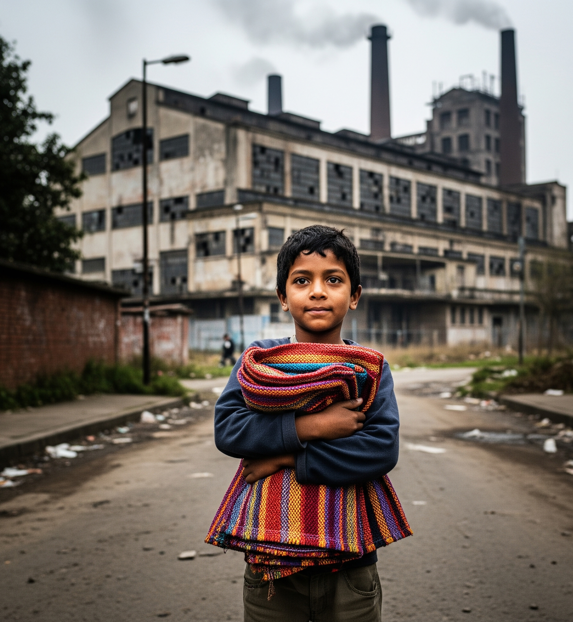 Child holding a colorful blanket in front of an abandoned industrial building