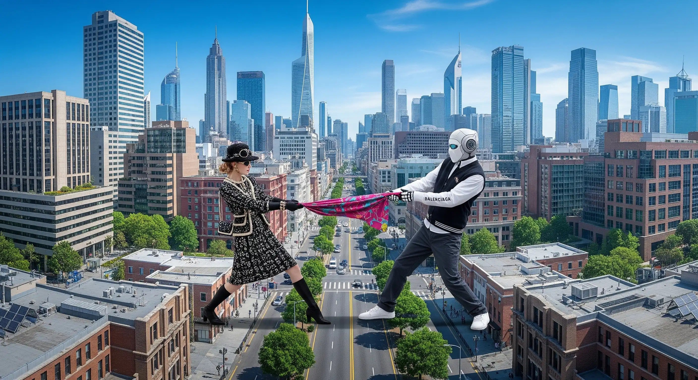A Human and a robot fighting for creative power in the streets of a modern city