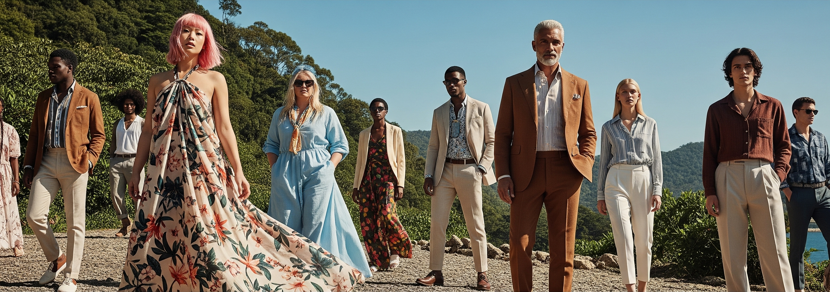 Group of fashionable people posing outdoors with a scenic background