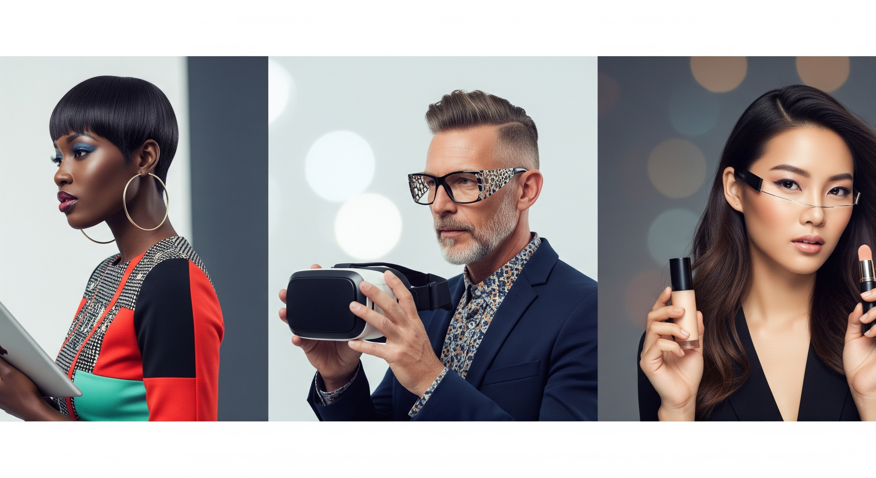 Three people innovators holding electronic devices with a blurred background