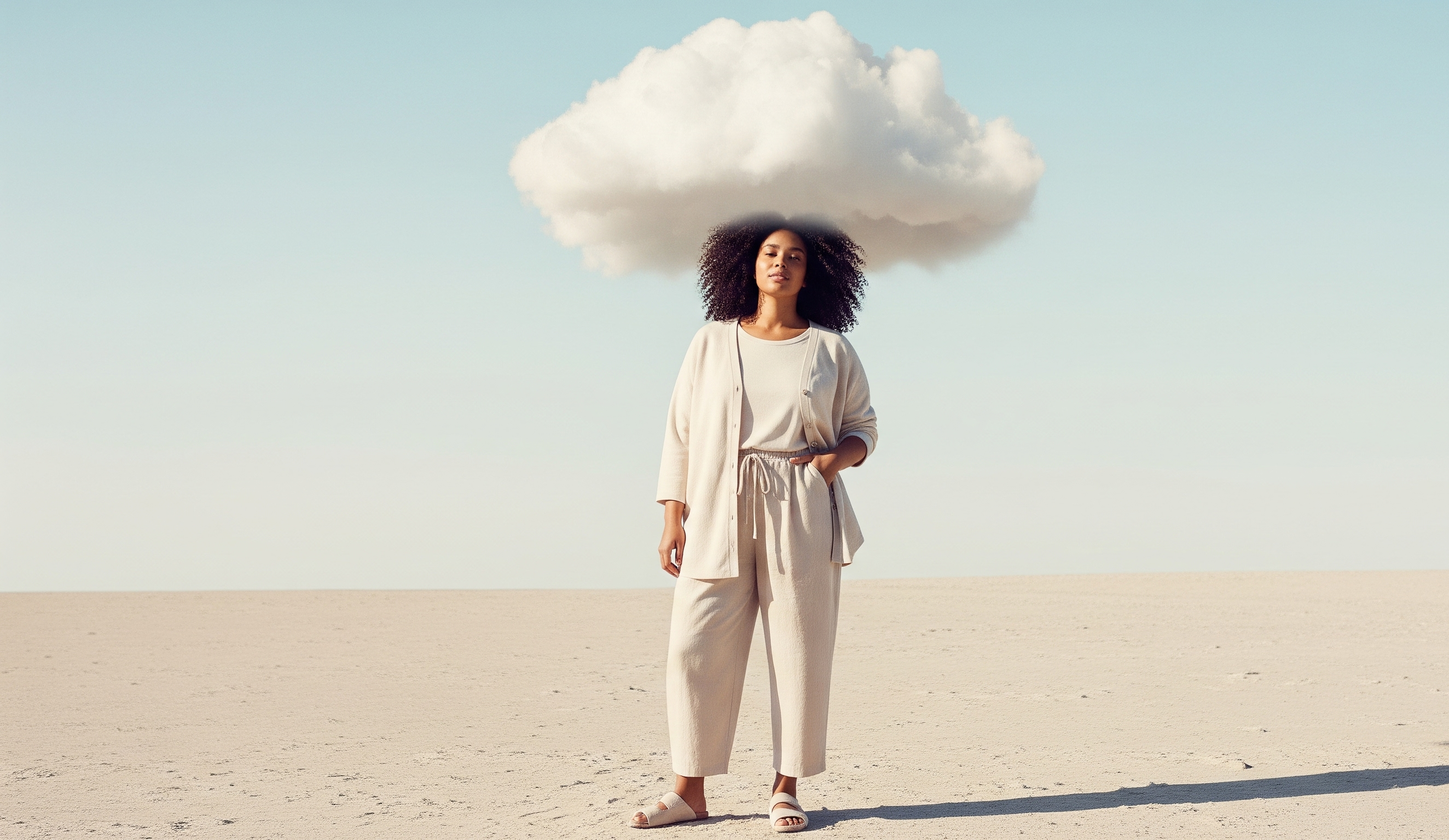 Woman standing in a desert with a cloud above her head