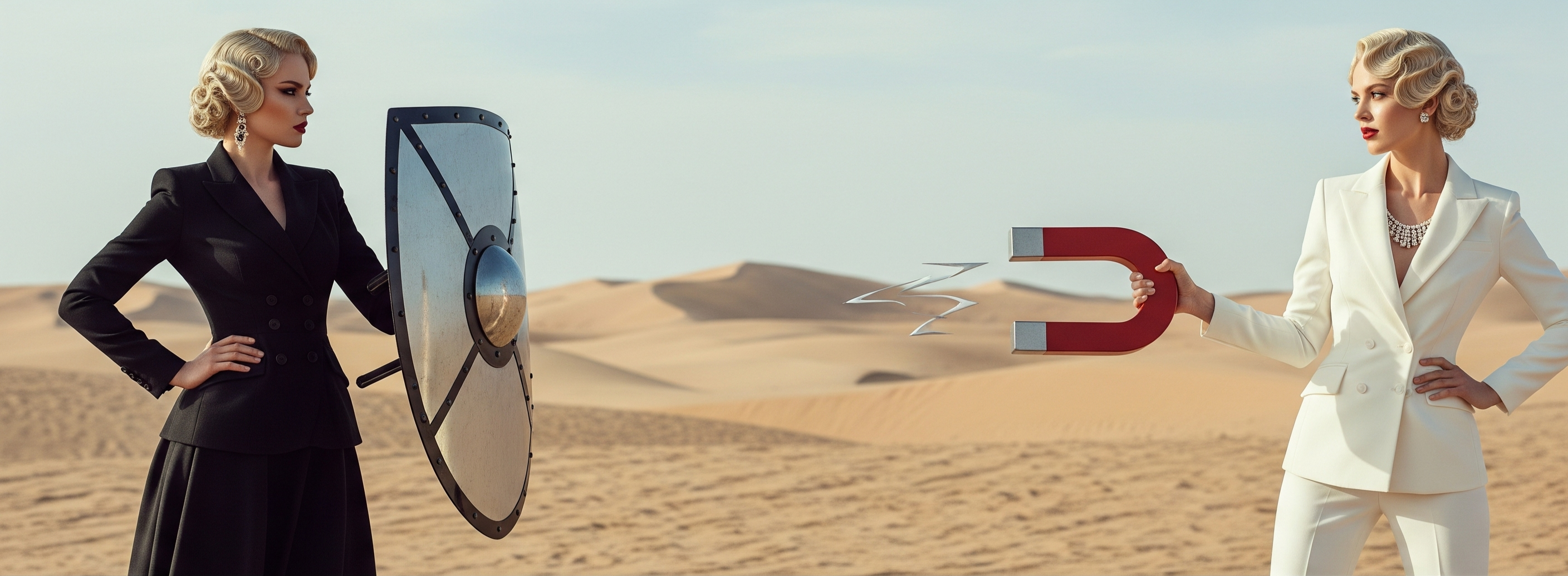 Two women opponents fighting in formal attire holding a shield and magnet in a desert setting