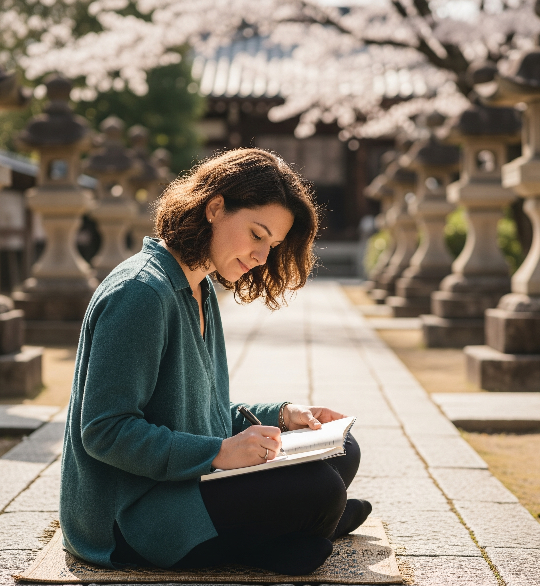 Woman sitting on a mat journaling in a serene garden setting with cherry blossom trees and stone lanterns.