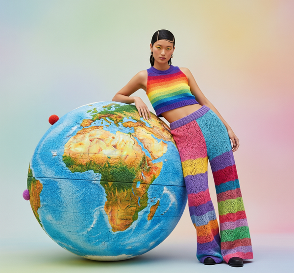 Person in colorful outfit sitting on a textured globe against a gradient background