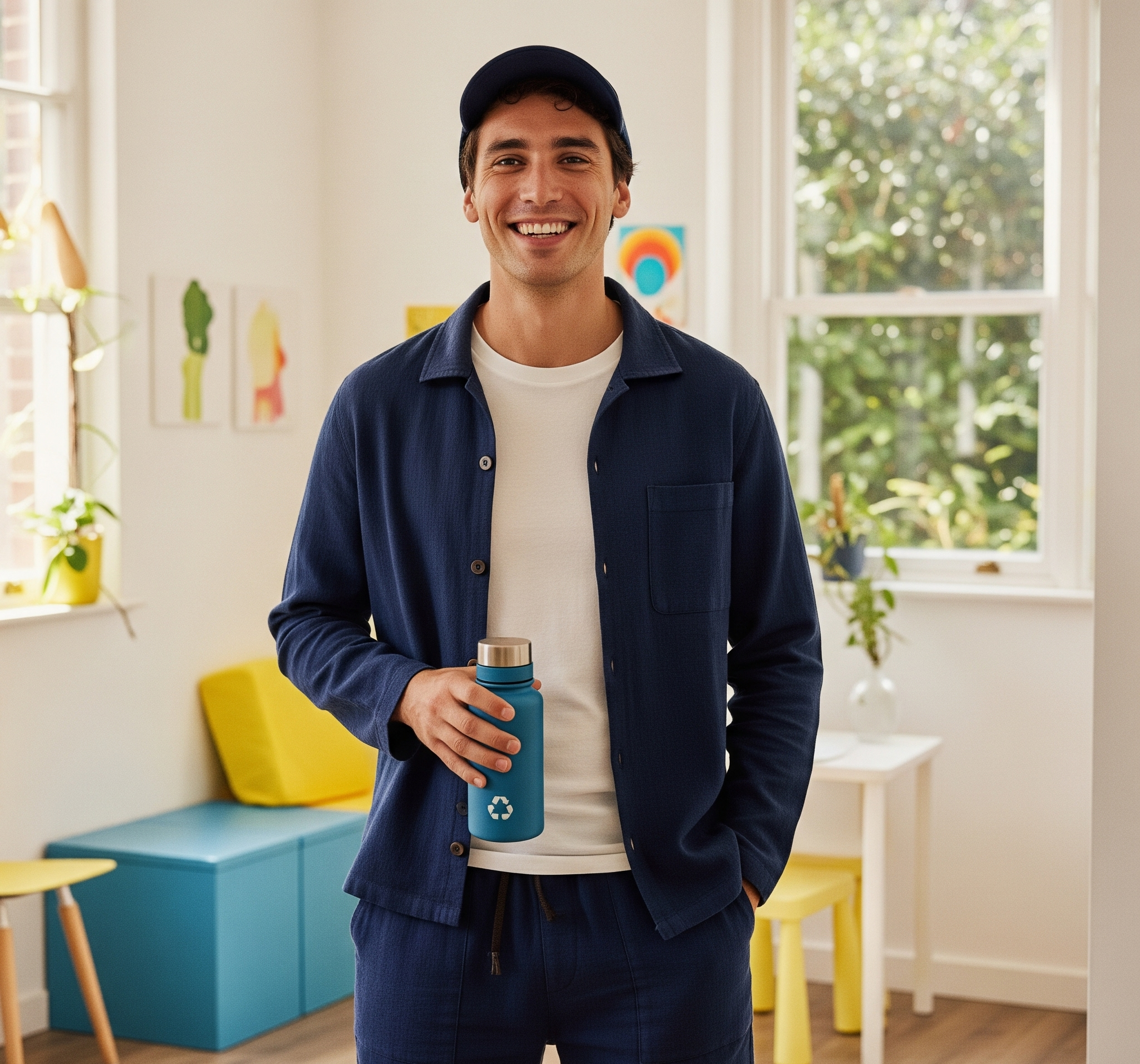 Man holding a blue water bottle in a bright, modern room with colorful furniture.