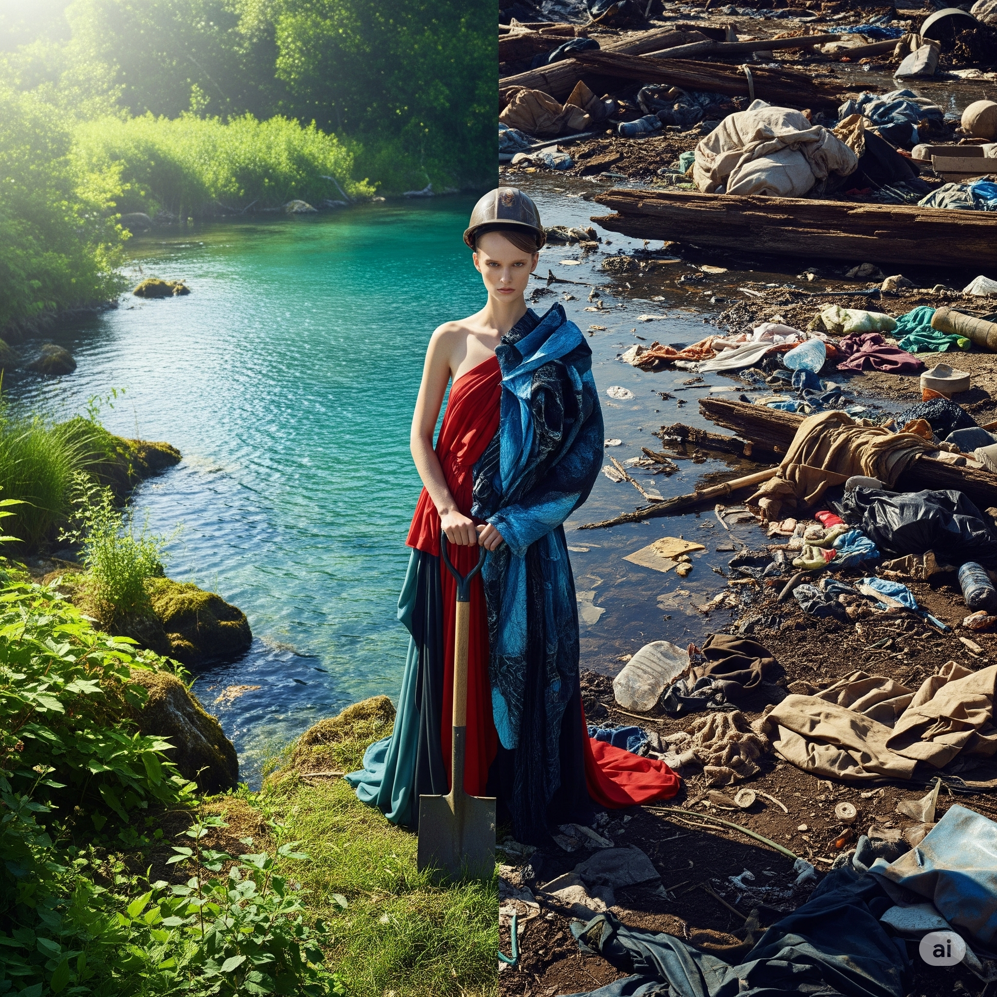 Woman in a colorful dress standing by a clear lake on one side, and in a polluted river on the other side.