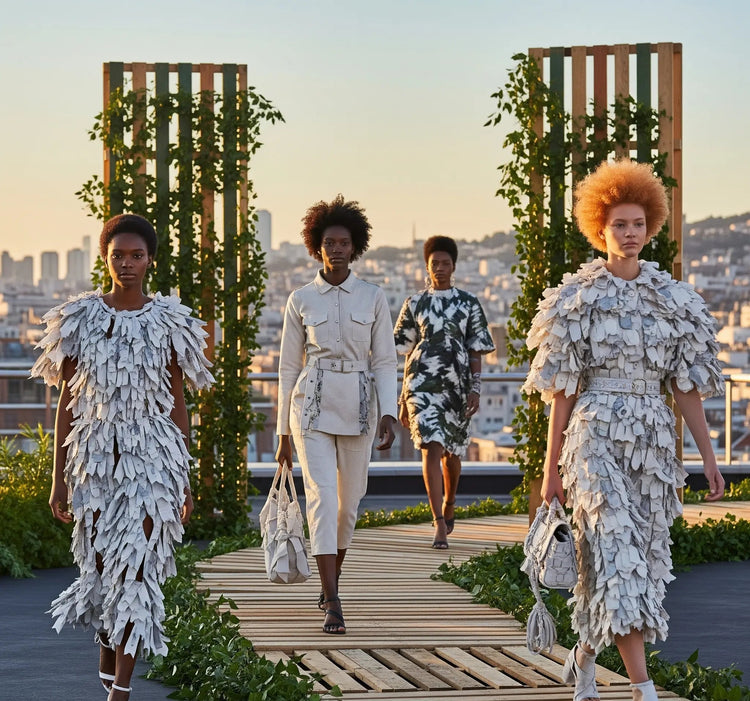 Four models walking on a rooftop with a cityscape in the background