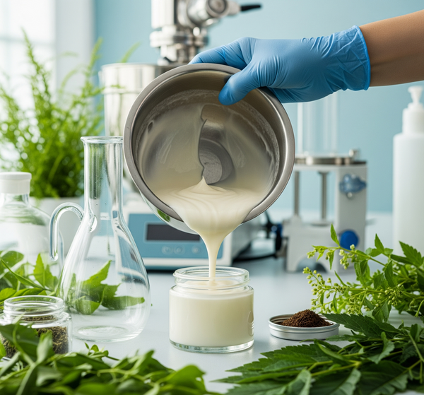 Person pouring a sustainable, clean face cream into a jar made ethically with green plants and laboratory equipment in the background