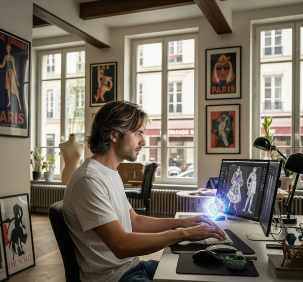 A fashion designer working on digital garment designs at a computer in a studio, highlighting creativity, innovation, and the people behind ethical fashion.