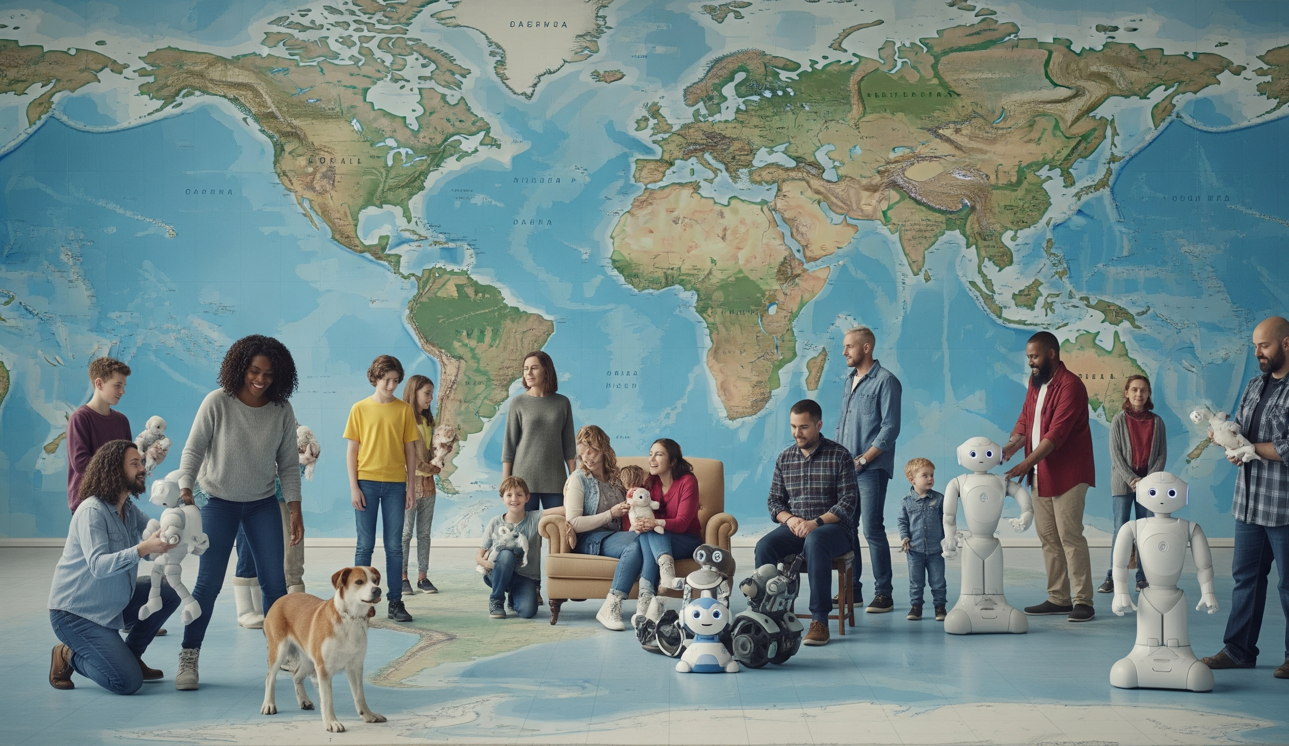 People interacting with robots and animals in front of a world map