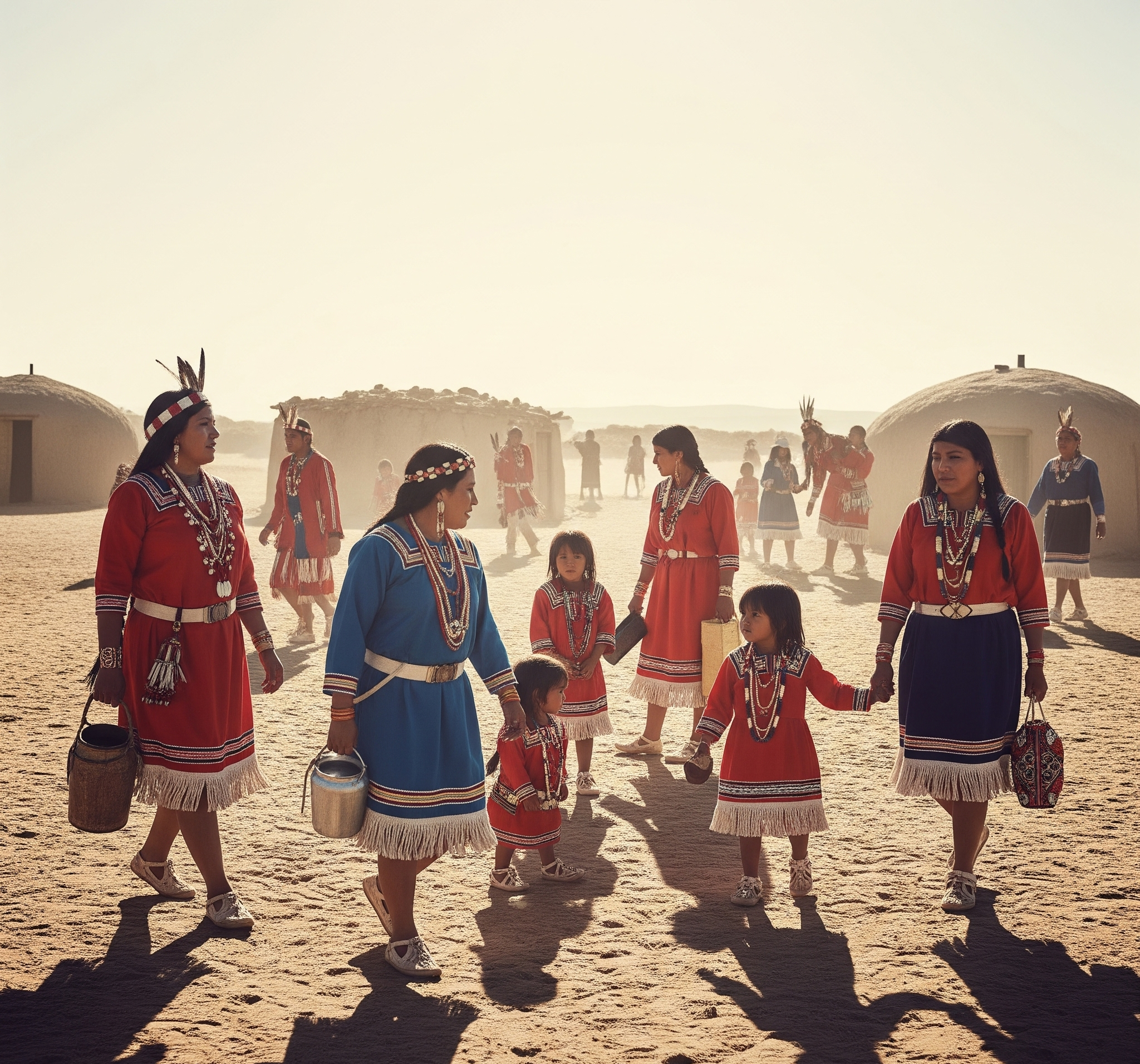 Group of women and children in traditional attire walking together on a sandy landscape.