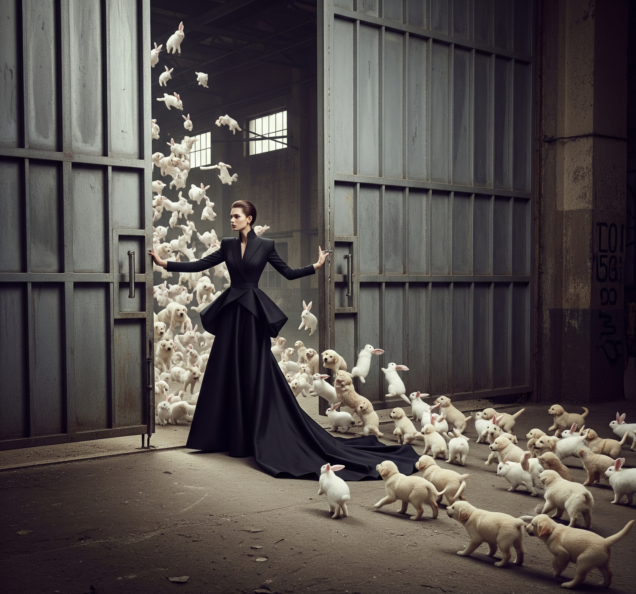 Woman in a long black dress standing in an industrial setting and opening metal gates allowing white rabbits and puppies escape