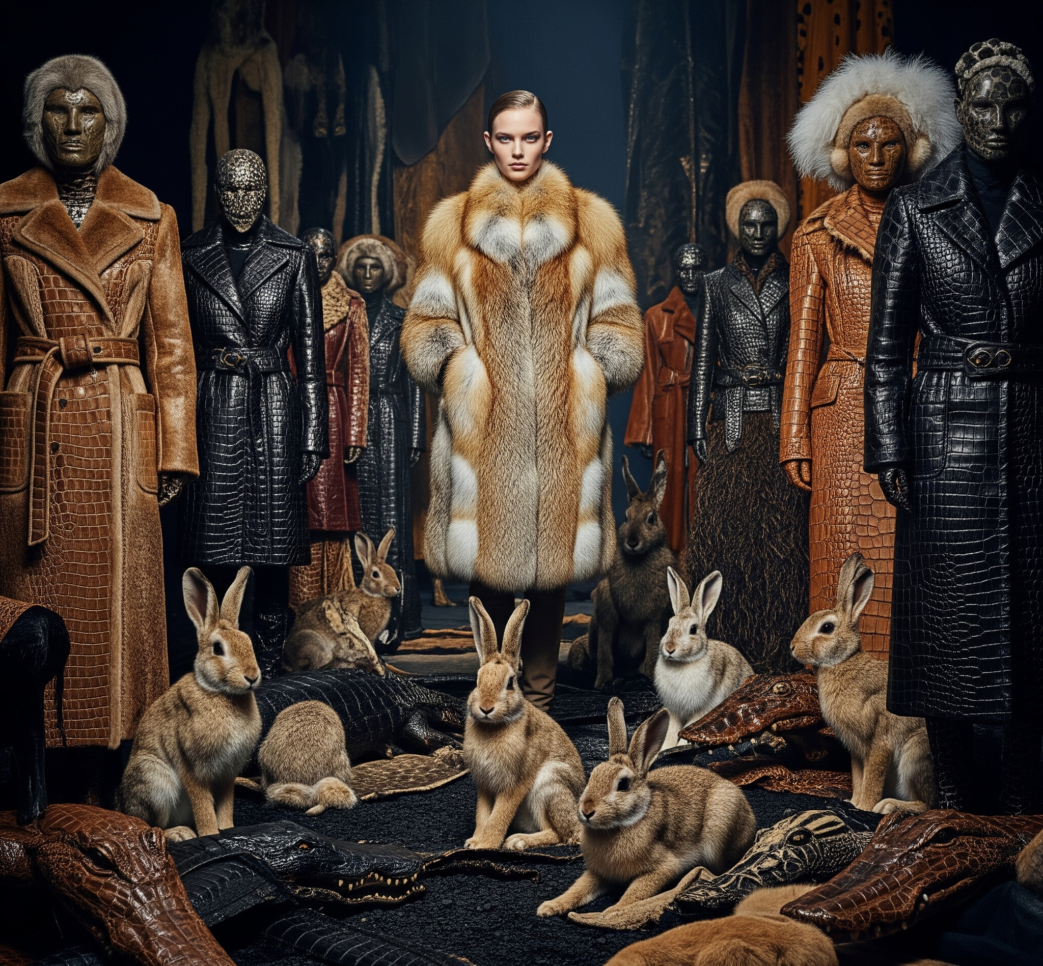 Person in a fur coat surrounded by rabbits and alligators and other masked people in various leather outfits with a dark background
