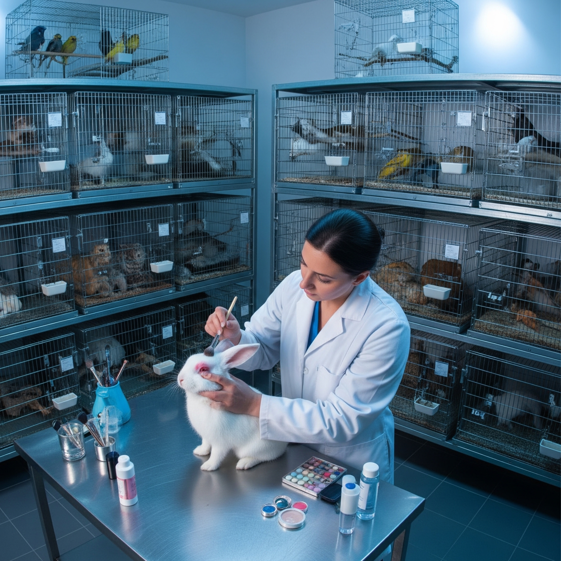 Scientist putting makeup on a rabbit in a laboratory setting with animal cages in the background