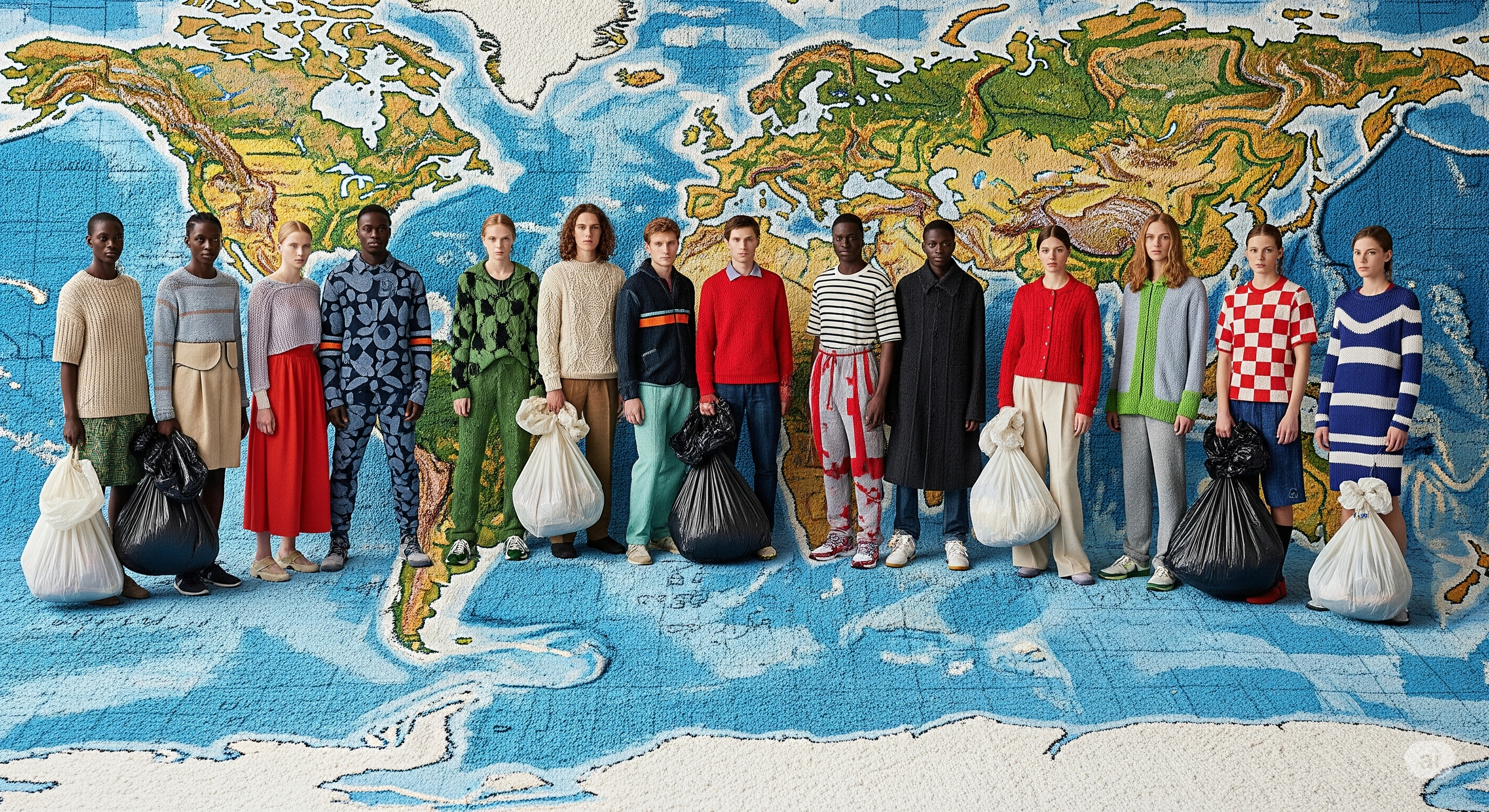 Group of people standing in front of a world map holding plastic trash bags.