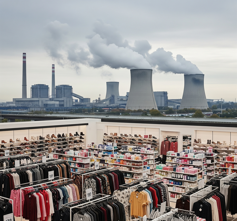 Fashion store with clothing racks and shelves against a backdrop of a power plant with smokestacks.