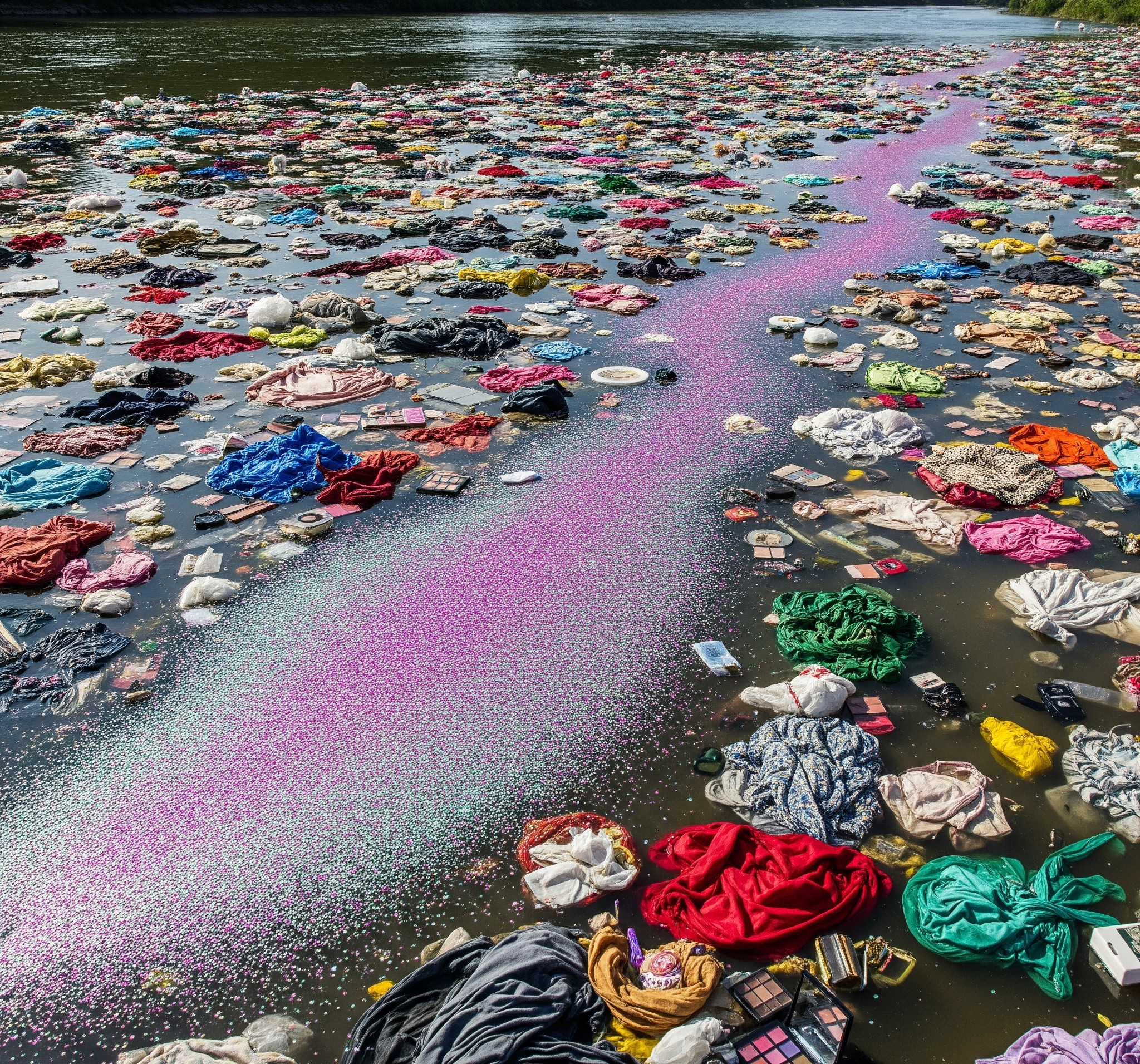 Colorful clothing and other trash floating in a river poluted by glitter and makeup