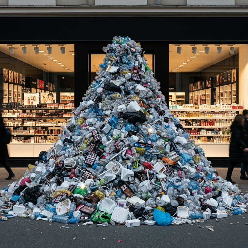 Pyramid made of plastic waste in front of a store