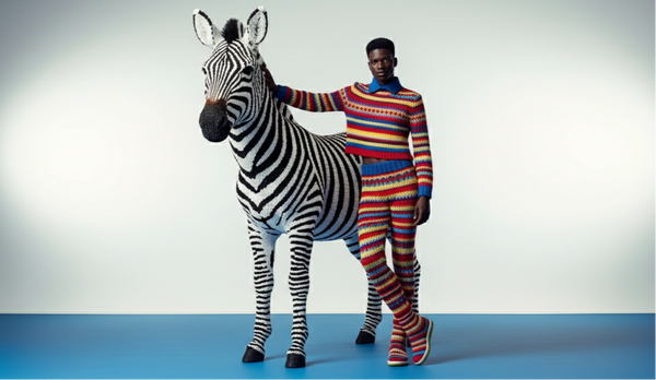 Man in colorful striped outfit standing next to a zebra on a blue and gray gradient background