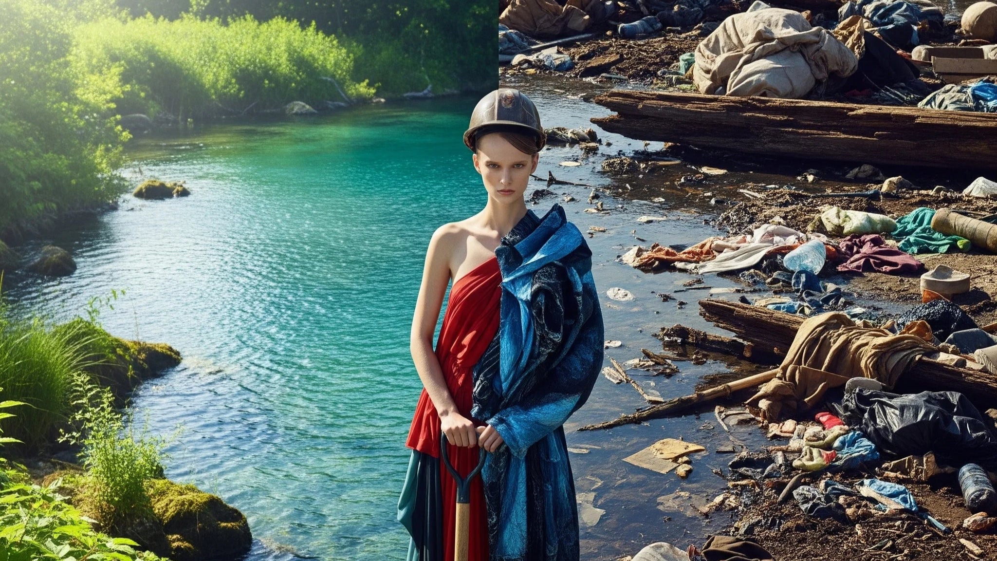Woman in a helmet and flowing red and blue dress holding a shovel, standing on the dividing line between a pristine turquoise river surrounded by lush greenery and a heavily polluted, garbage-strewn waterway, symbolizing environmental impact and the urgent need for sustainable solutions.