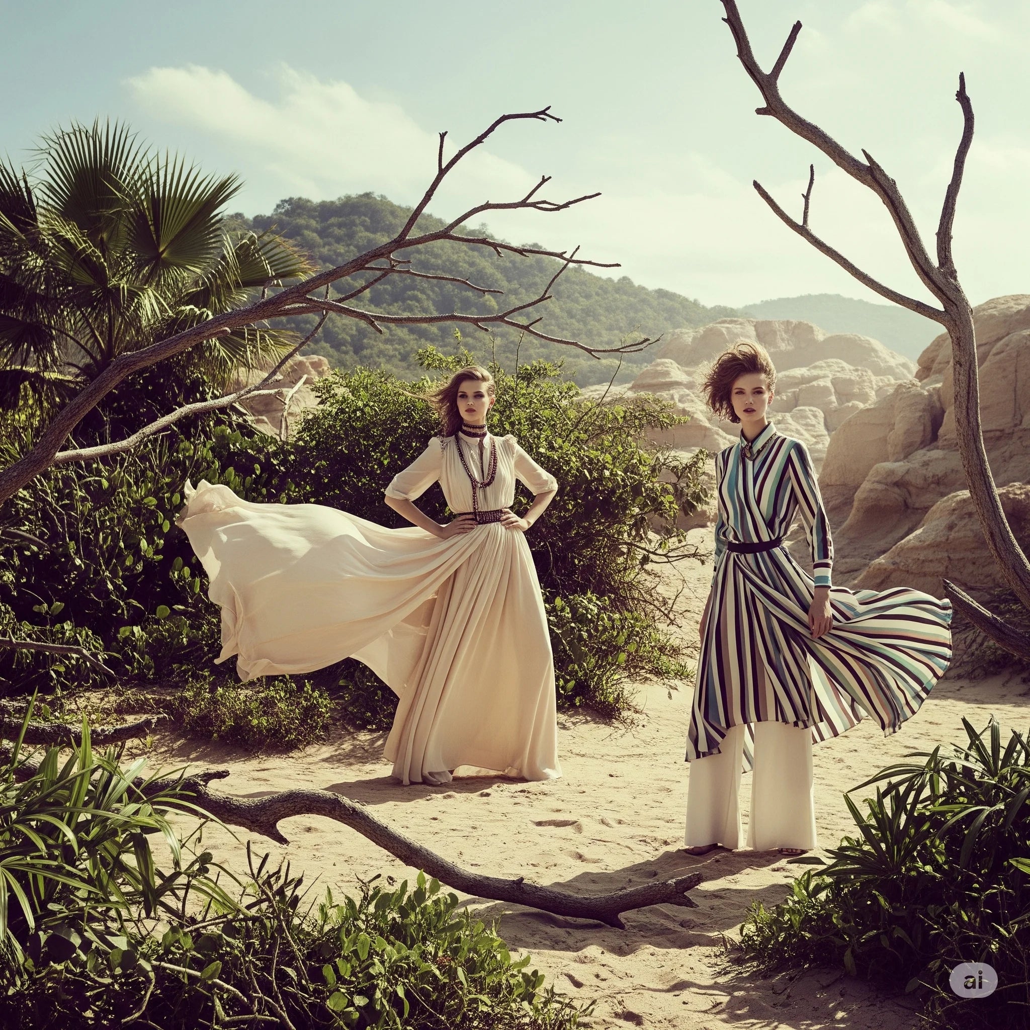 Two models in dramatic, flowing sustainable dresses (one off-white, one striped) posing in a desert-like landscape with sparse trees and rock formations, representing high fashion sustainable style and conscious design.