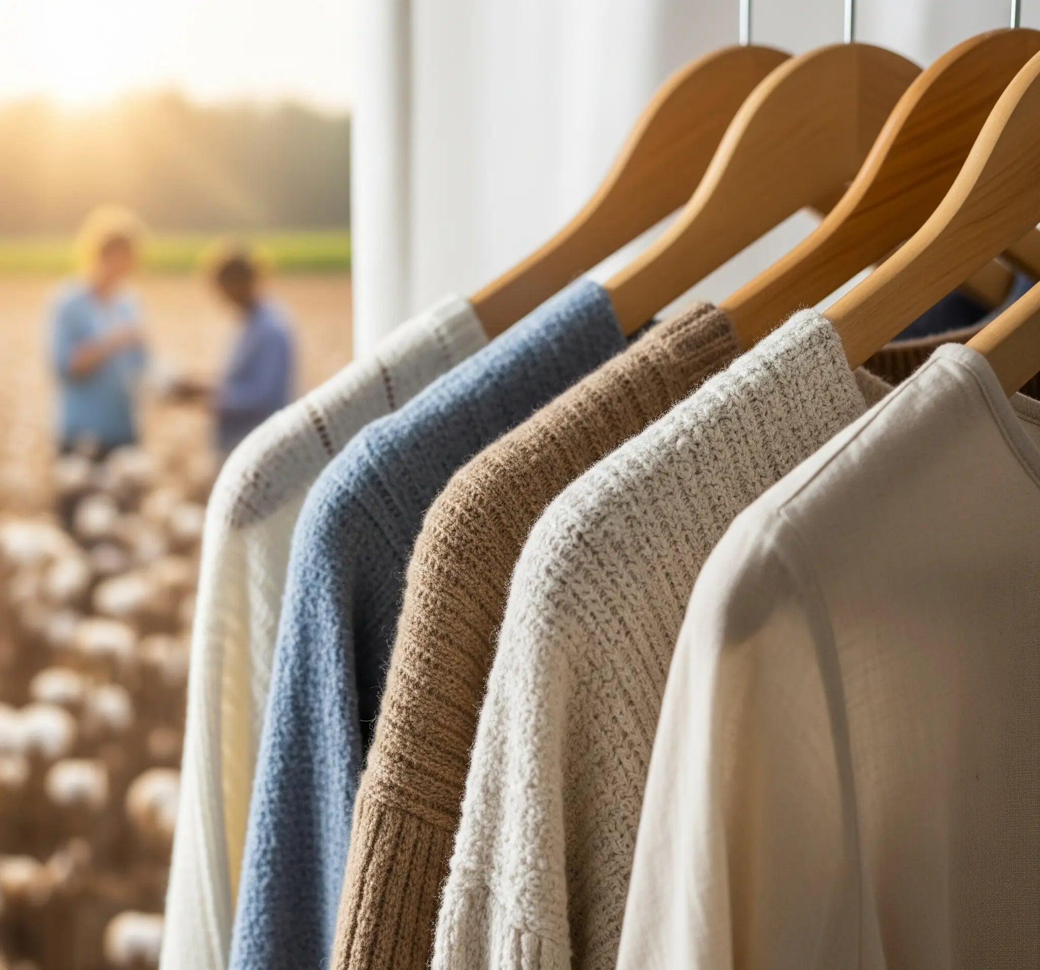 Close-up of natural fiber sweaters on wooden hangers, with a blurred background showing a cotton field and workers, representing sustainable fashion, ethical textile sourcing, and the journey of conscious clothing.
