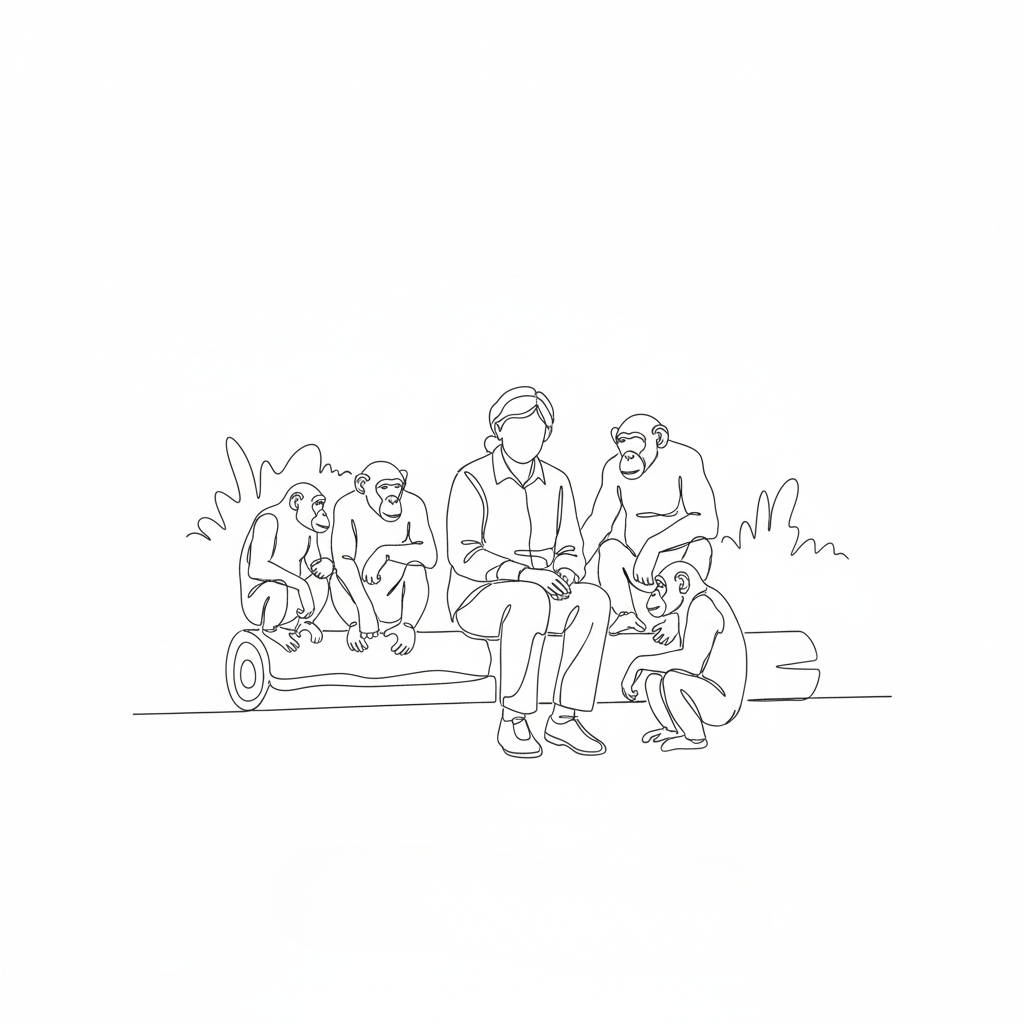 Minimalist line drawing of Jane Goodall sitting with chimpanzees, representing her pioneering research and lifelong bond with nature.