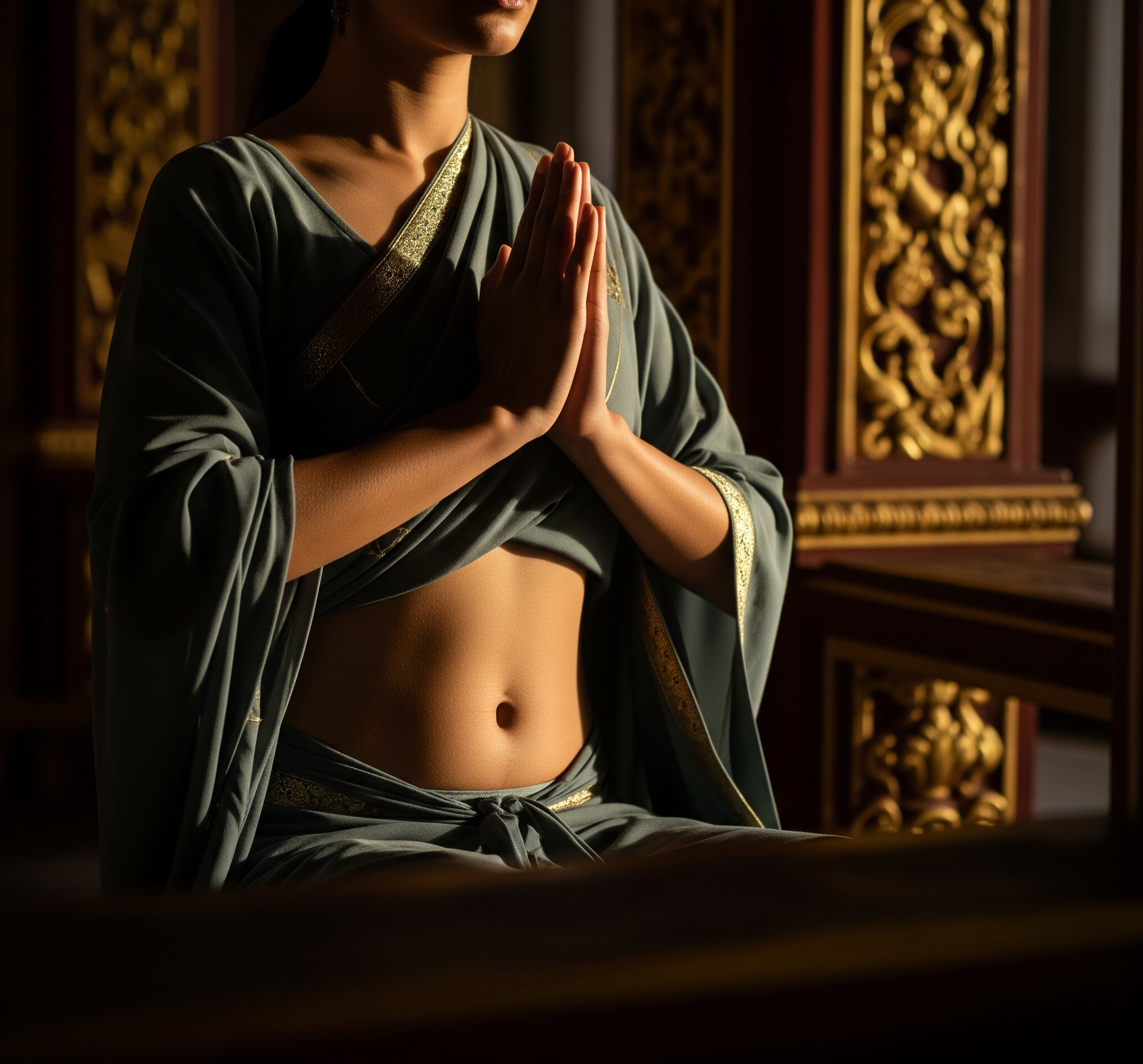 Person in traditional attire with hands pressed together in a meditative pose against an ornate background.