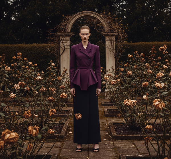 Woman in a purple top and black skirt standing in a rotten garden with arches and flowers.