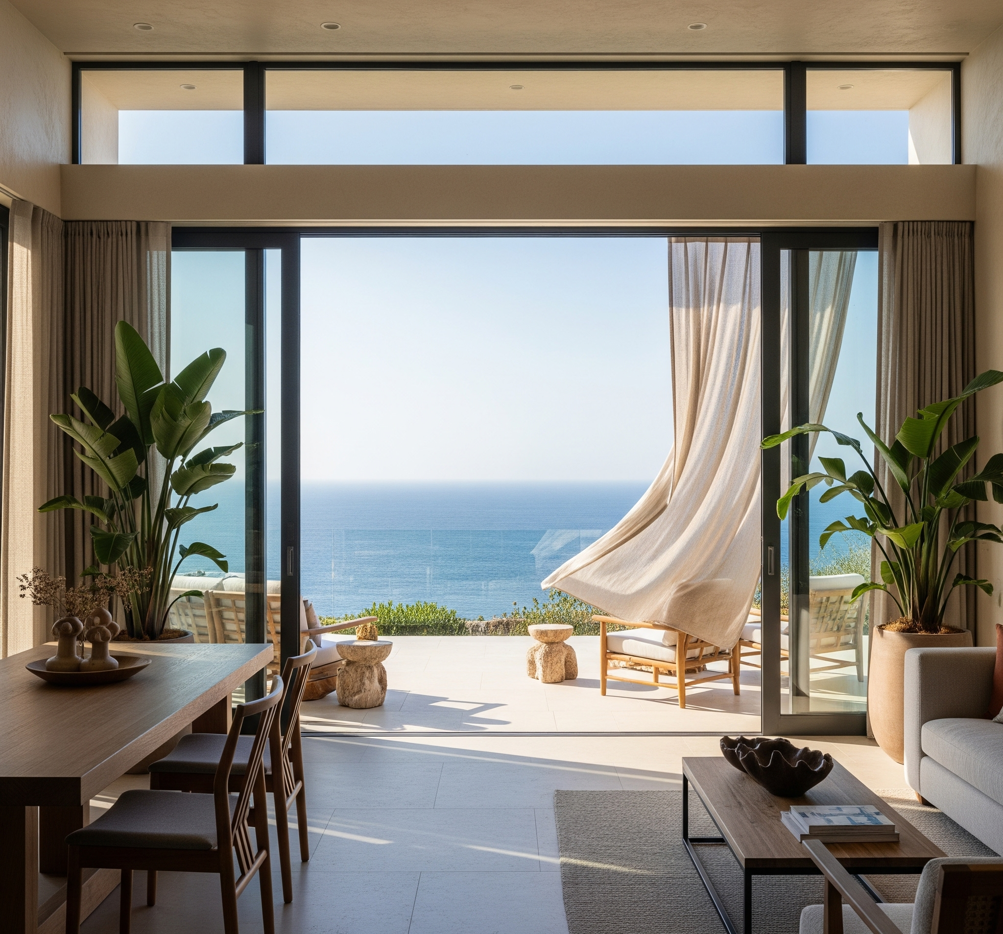 Modern airy and clean living room with ocean view through large glass doors