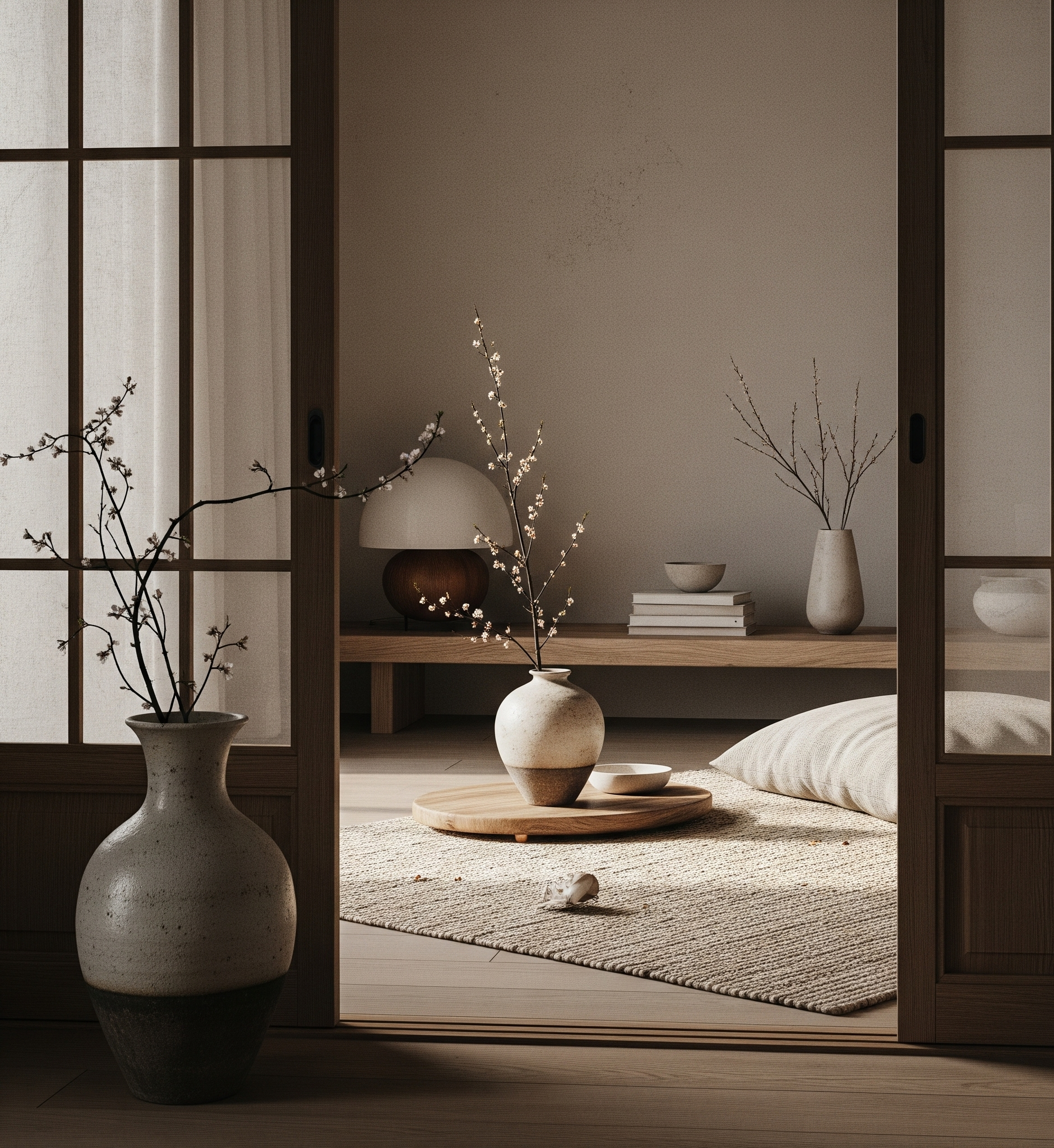 Minimalist serene interior with vases, books, and a lamp on a wooden shelf.