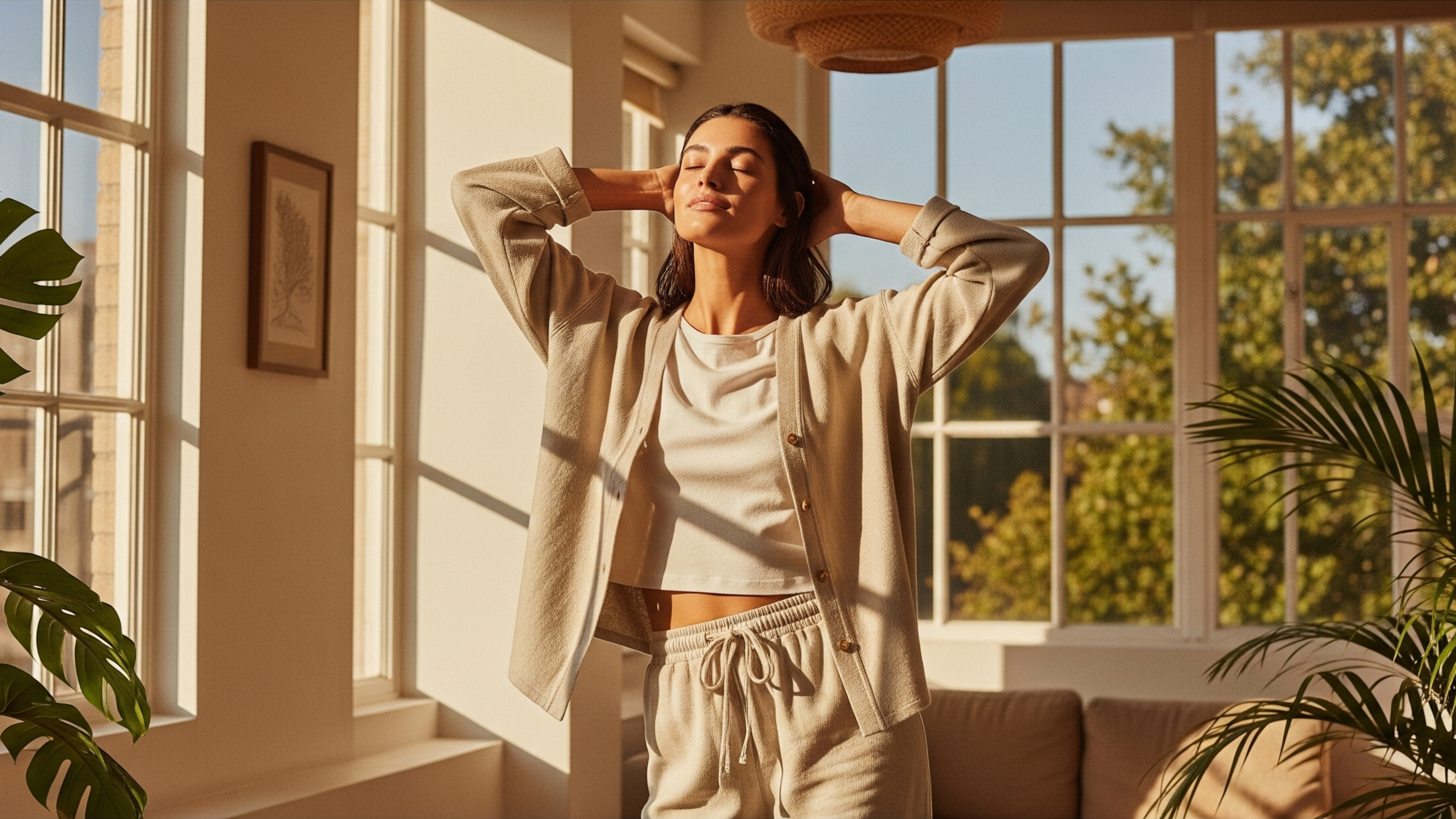 Woman in a cozy living room with large windows and plants