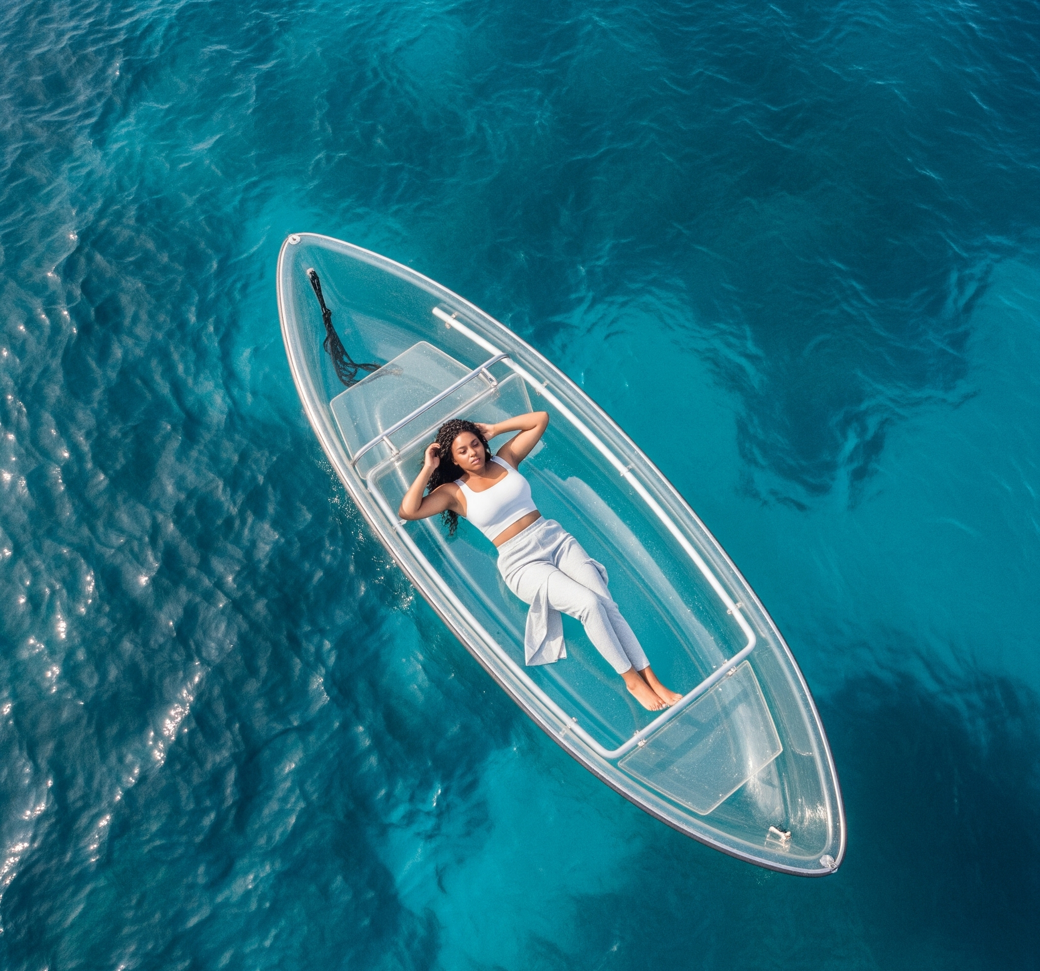 Woman lying on a transparent boat in clear blue water