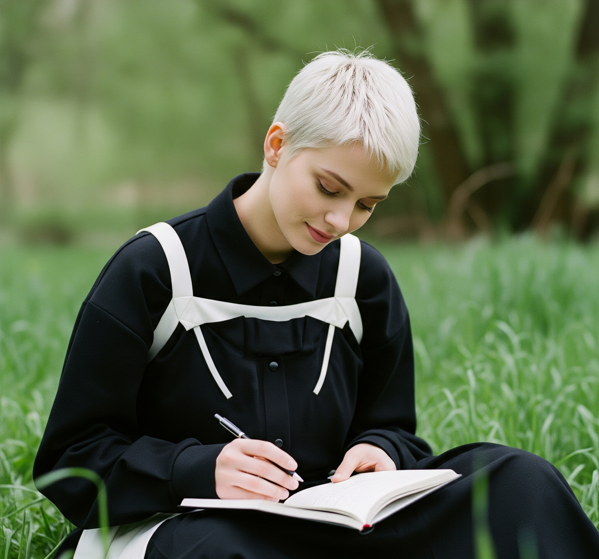 Woman sitting in a grassy field writing in a journal