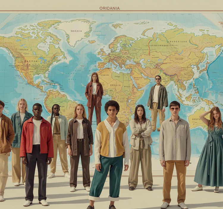 Group of people standing in front of a world map.