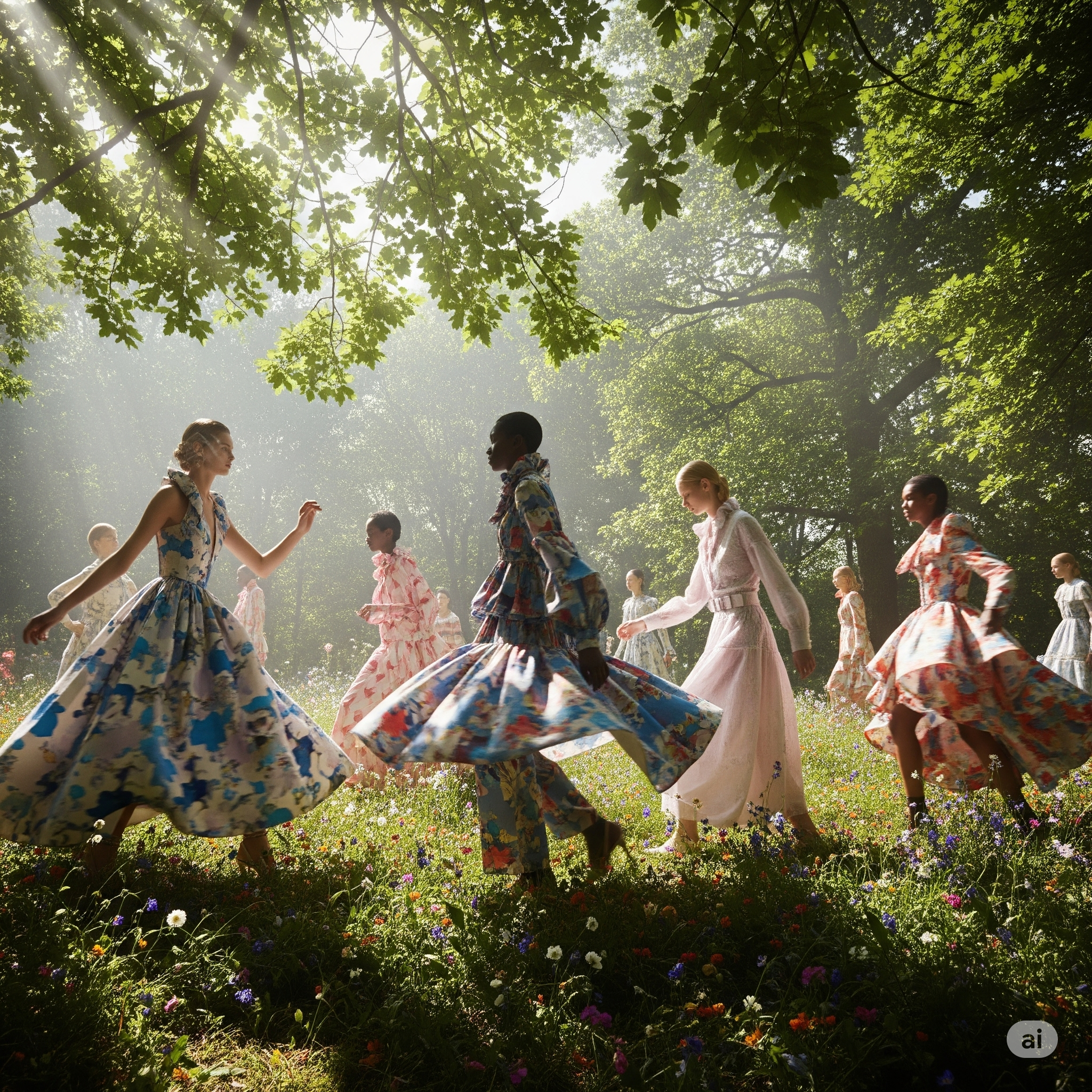 People in colorful dresses dancing in a sunlit forest