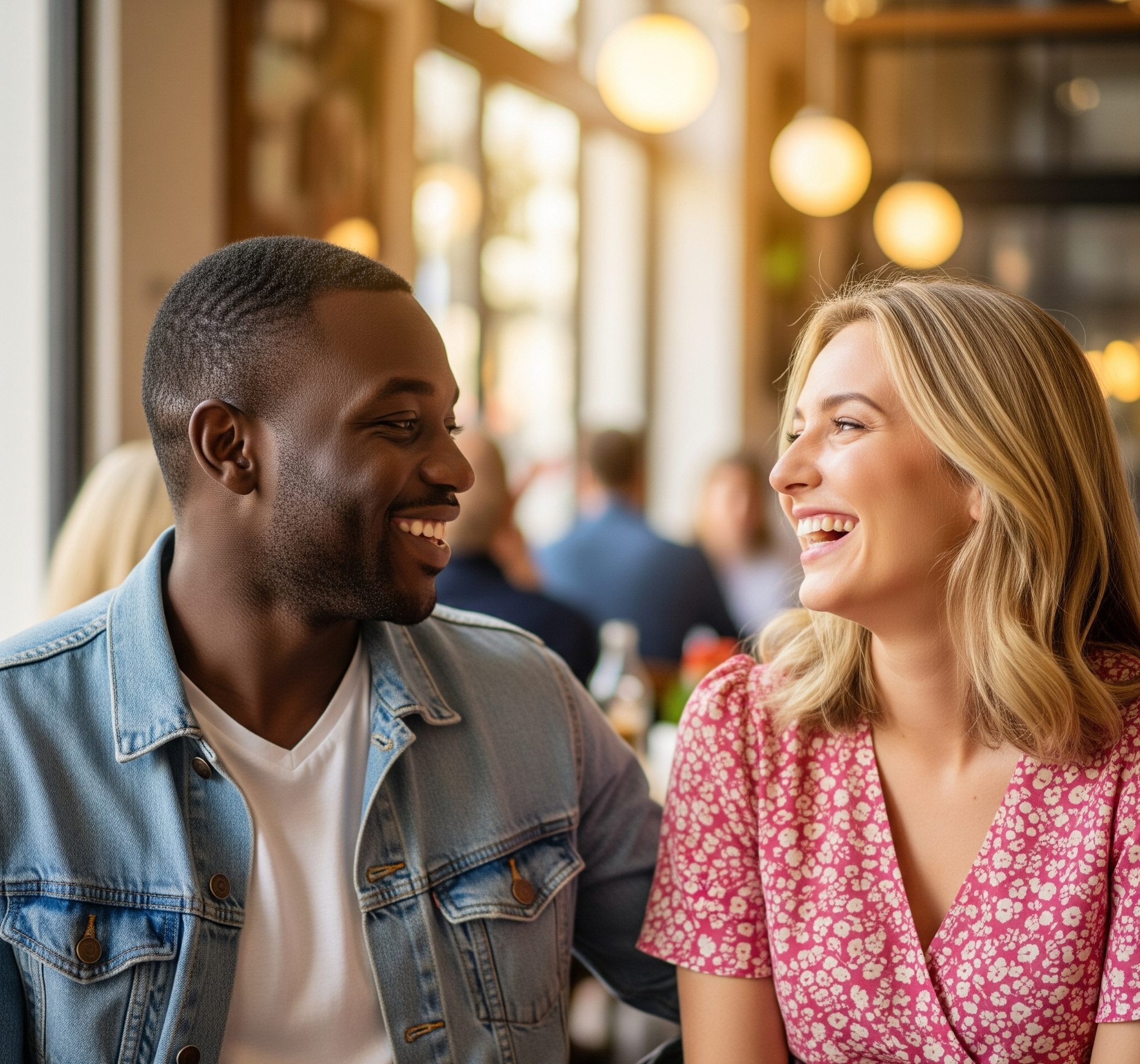 Two people a couple smiling at each other in a restaurant setting