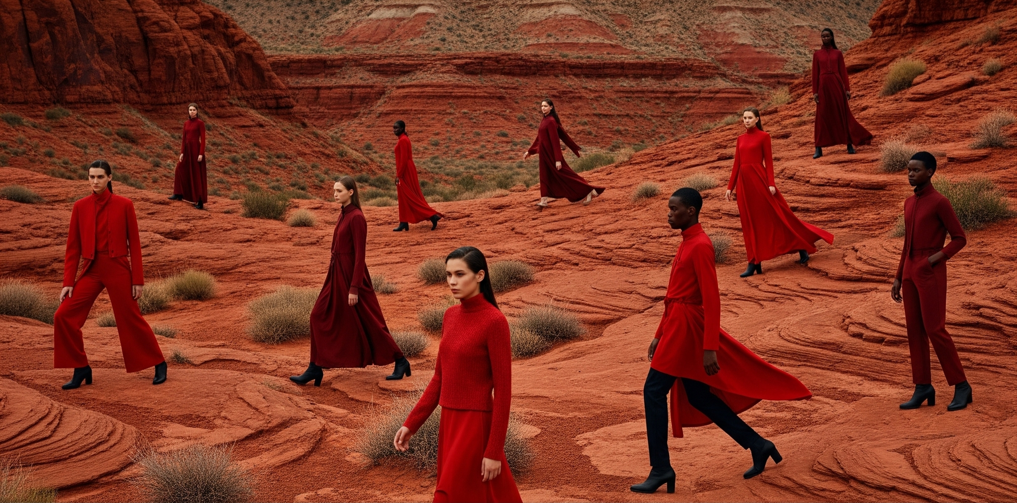 Multiple people in red outfits standing in a desert landscape