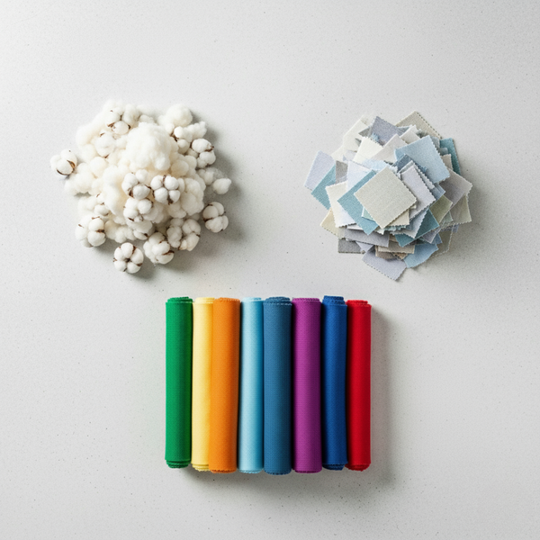 Swatches of polyester cotton, regenerative cotton and recycled materials