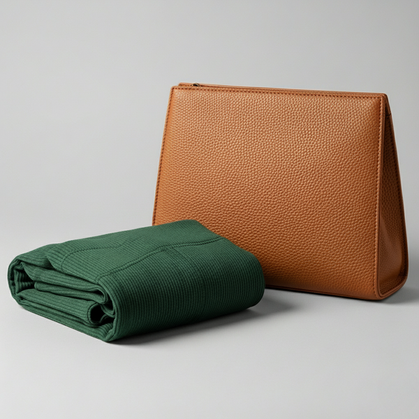 folded sustainable leggings made of co2 material and a purse made of new tech leather