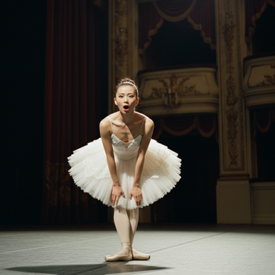 Ballerina in a white tutu on a stage with ornate decorations
