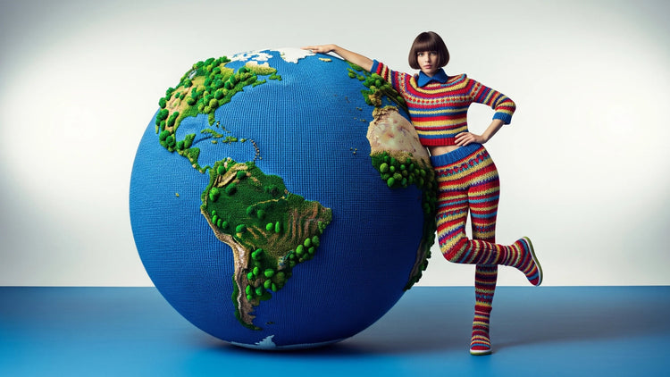 Person in colorful outfit standing next to a large model of the Earth