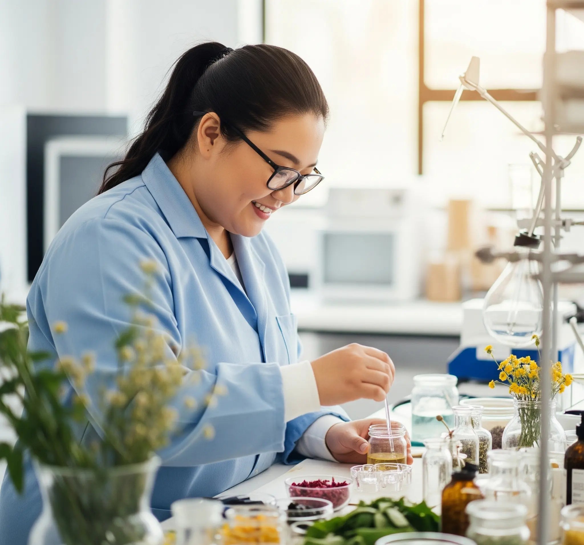 miling female scientist in a lab coat and glasses, diligently formulating natural beauty products with a dropper and various plant-based ingredients in a bright laboratory, symbolizing expert development of ethical and clean beauty solutions.